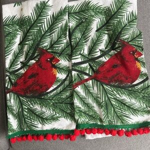 Festive Cardinal and Pine Tree Tapestry 2 Dish Towels brand New No Tags